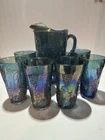 Vintage 9 Piece Indiana Carnival Glass Set Harvest Grape Blue Pattern