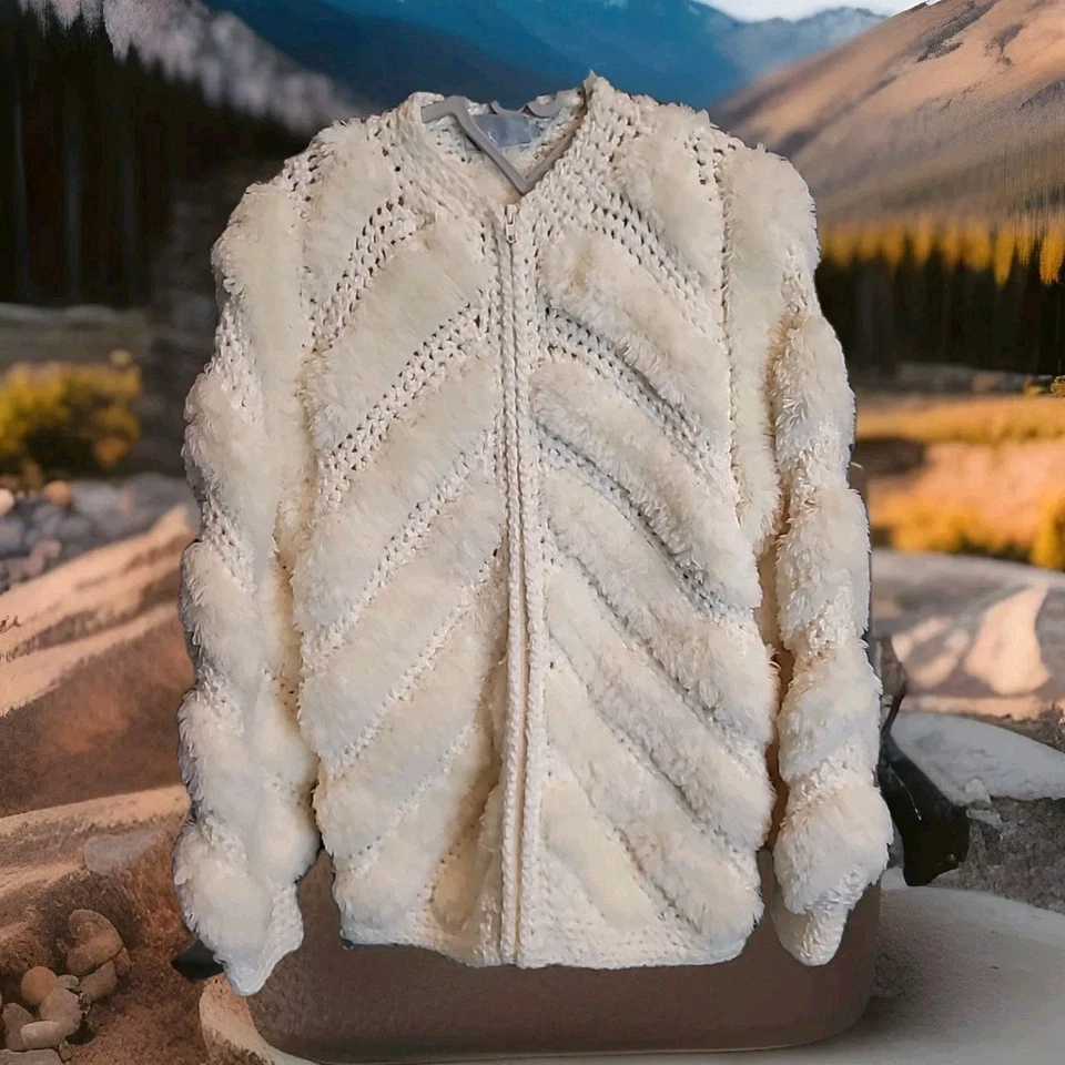 Женский мохнатый вязаный свитер винтажный коренастый пухлый крючком куртка ограниченного тиража Sz S - Изображение 2 из 4