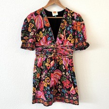 Farm Rio Pink Black Spring Bananas Dress Size XS Floral Puff Sleeve Colorful