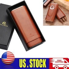 Galiner Leather Cedar Wood Cigar Case Portable Tube Cutter 3 CT Brown Gift Box