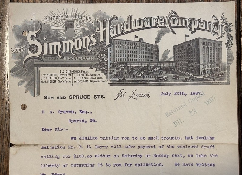 Simmons Hardware Company, Simmons Keen Kutter,  1897 Letterhead