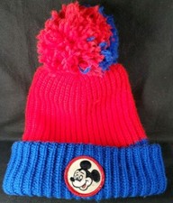 Vtg Disney Mickey Mouse Embroidered Patch Knit Beanie Cap Fluffy Pom Ski Hat  