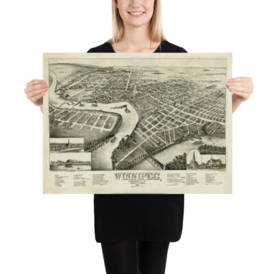 Old Winnipeg Canada Map (1881) Vintage Manitoba Capital City Atlas Poster
