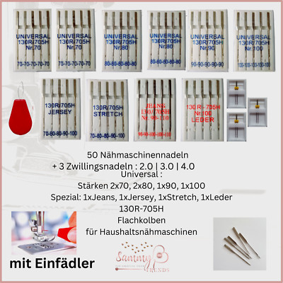50 Nähmaschinennadeln Flachkolben + Einfädler / + 3 Zwillingsnadeln /  130/705H