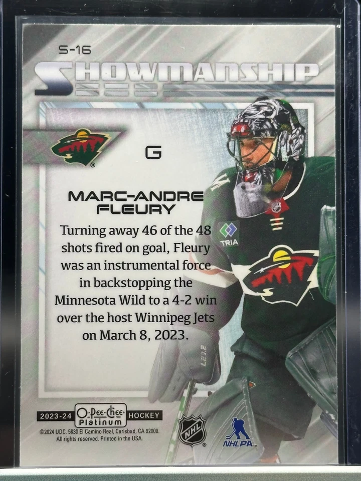 2023-24 O-Pee-Chee Platinum Marc-Andre Fleury Showmanship #S-16 Minnesota Wild - Image 2 of 2