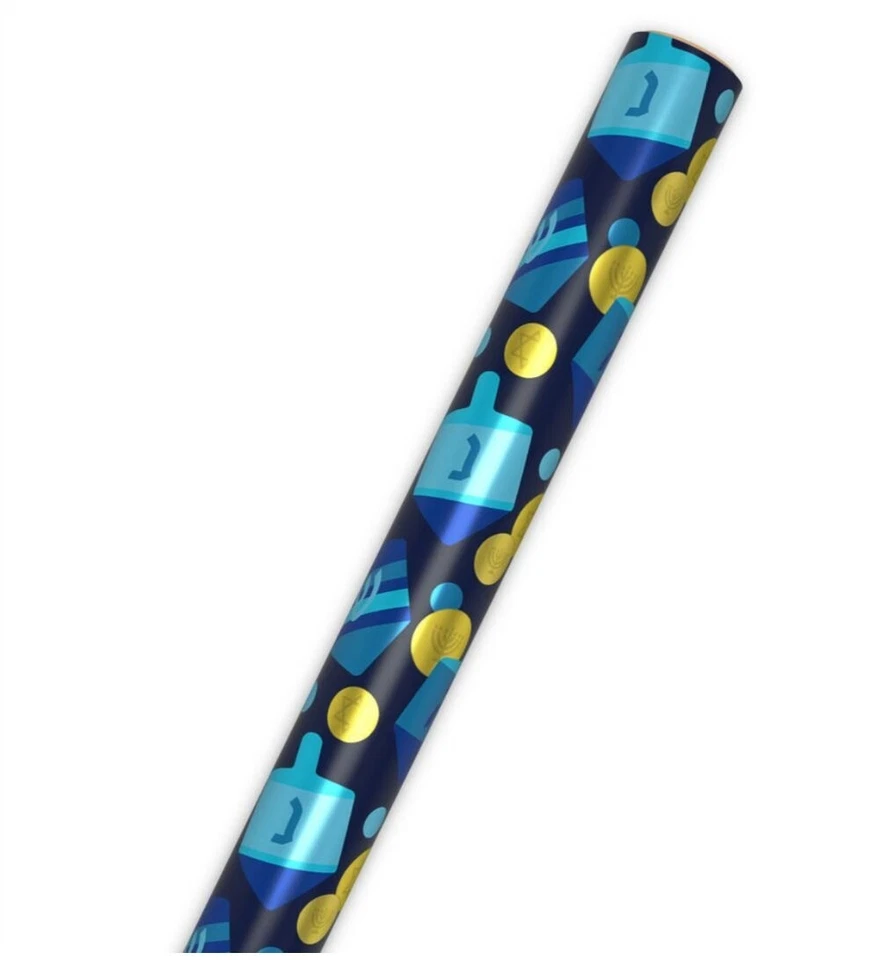 Hallmark Wrapping Paper Hanukkah Dreidels and Gelt Metallic Navy Blue 22.5 sq ft - Image 4 of 4