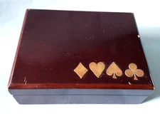 Vintage Wood Playing Card Box Brass Inlay of Card Suits Green Velvet Lined 1970s