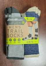 Eddie Bauer Men’s 6 Pairs Trail Socks Arch Support size 6-12 Grey/Blue (NEW)