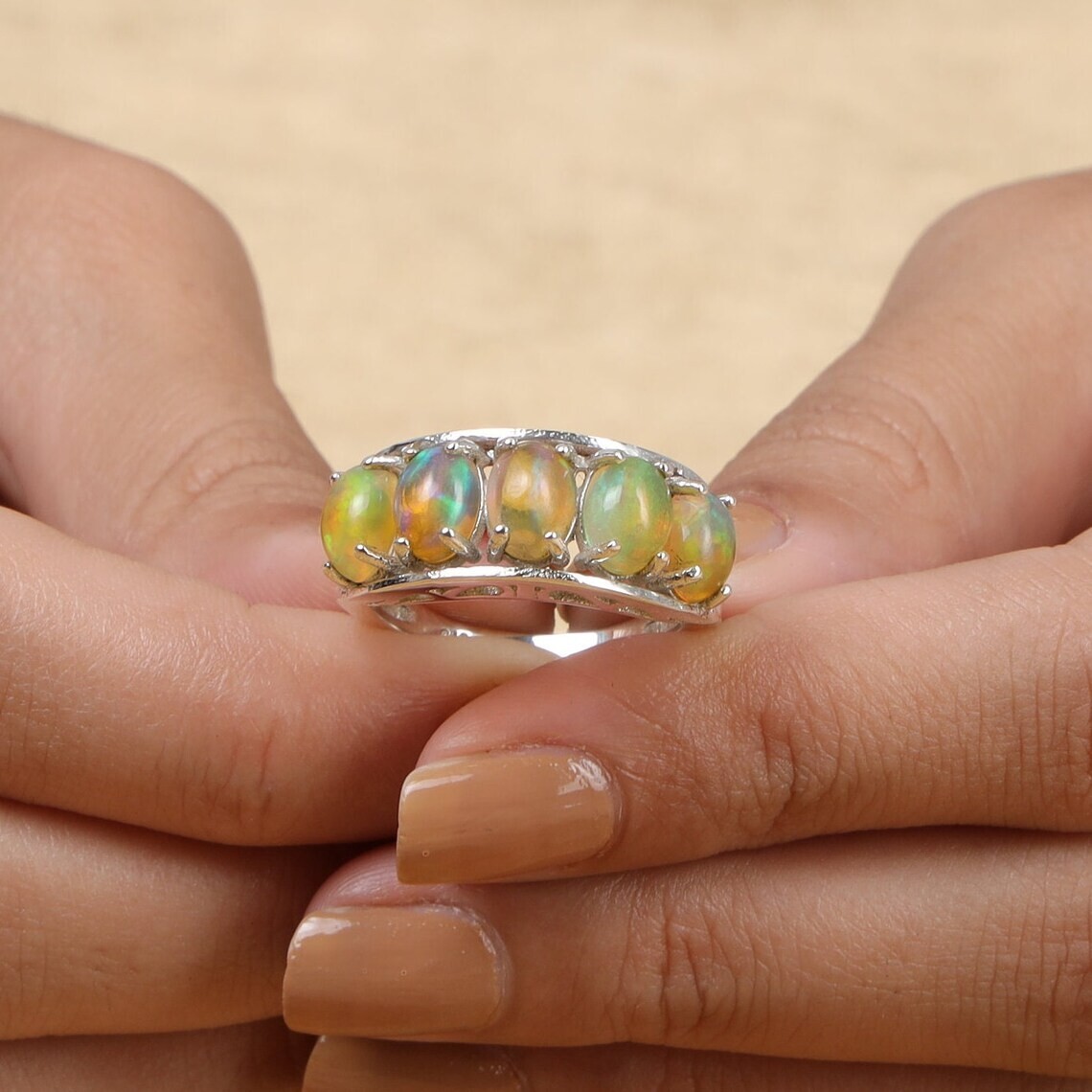 925 Sterling Silver Ethiopian Opal Handmade Half Eternity Ring for Women