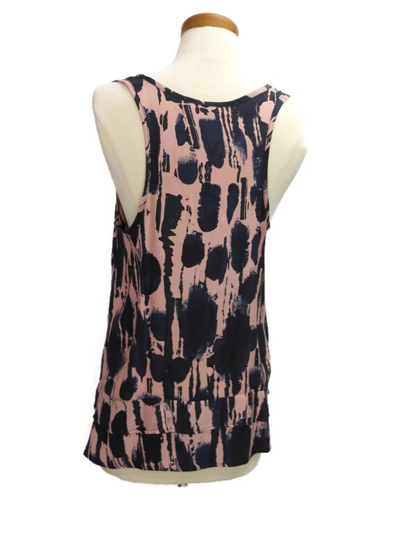 Top Aqua Talla Mediana Rosa Negro Cuello Redondo Bajo Sin Mangas 100% Seda Volantes Foto 4 de 4