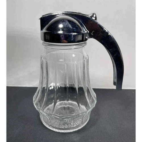 Vintage Hazel Atlas Federal Tool Corp Glass Syrup Pitcher with Chrome Lid