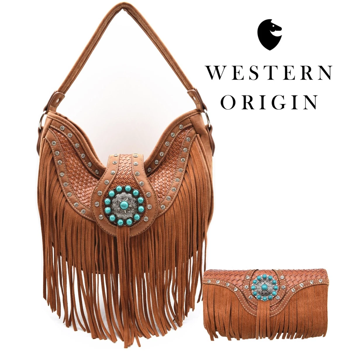 Western Fringe Handbag Concealed Carry Purse Women Shoulder Bag Wallet Set  Brown