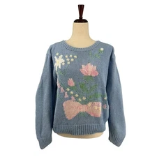 Vintage Eagles Eye Sweater M/L Cotton Hand Knit Pastel Soft Floral Blue Pink