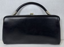 Vintage Harry Levine HL USA Black Leather Clutch w/Kisslock  Hideaway Handle