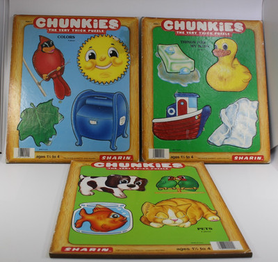 Vintage 1984 Sharin Chunkies Wooden Puzzles Lot of 3 Color, Pet, Things for Bath
