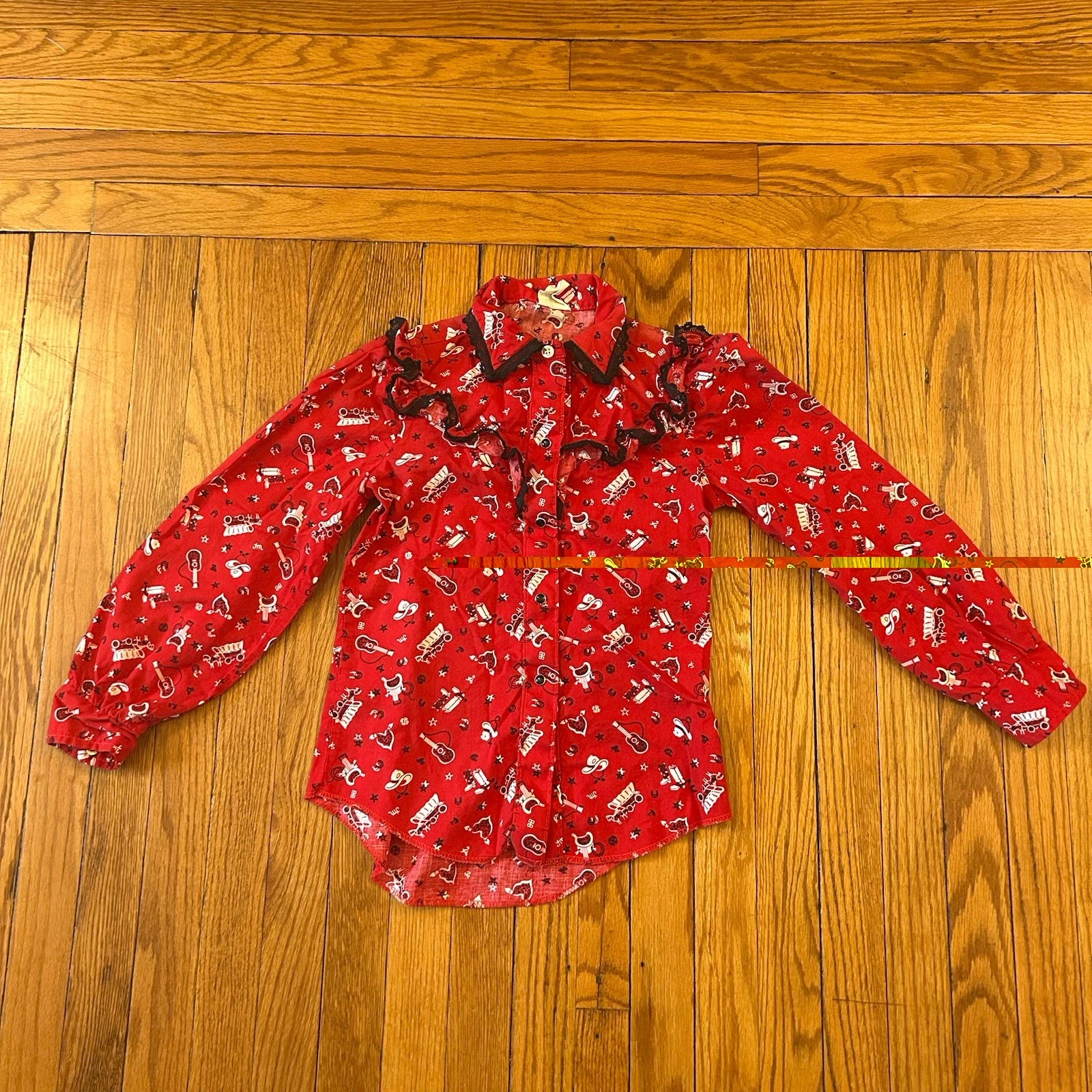 Kids Kountry Western Embroidered Floral Frilly Shirt Girl Youth Size 7 Made USA