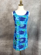 Vtg 90s Big Hed Designs Hawaiian Shift Dress Size S Blue Tropical Floral Rayon