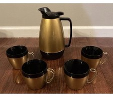 Juego de 4 tazas jarra de café West Bend Thermo Serv oro atómico vintage años 60