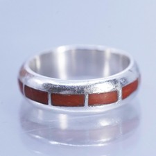 Size 7, Native American navajo Sterling 925 silver handmade band ring coral