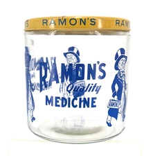 1930s Vintage Ramon’s Quality Medicine Store Display Jar w/ Metal Tin Lid
