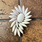 Vintage 60s CROWN TRIFARI WHITE MILK GLASS BROOCH PIN Navette Gold Tone