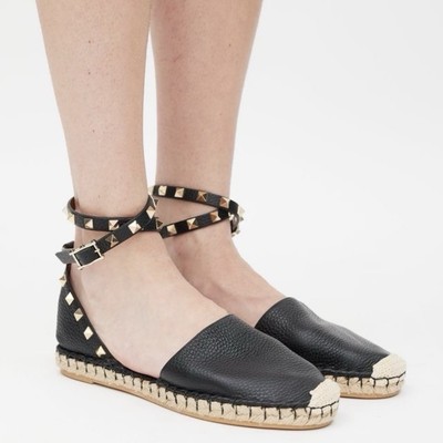 Valentino Rockstud textured leather ankle-wrap espadrille flat sandal IT 39  US