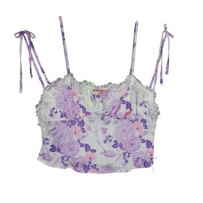 Bailey rose Satin Purple Floral Crop Top Size Medium NWT Lace Trims Adjustable