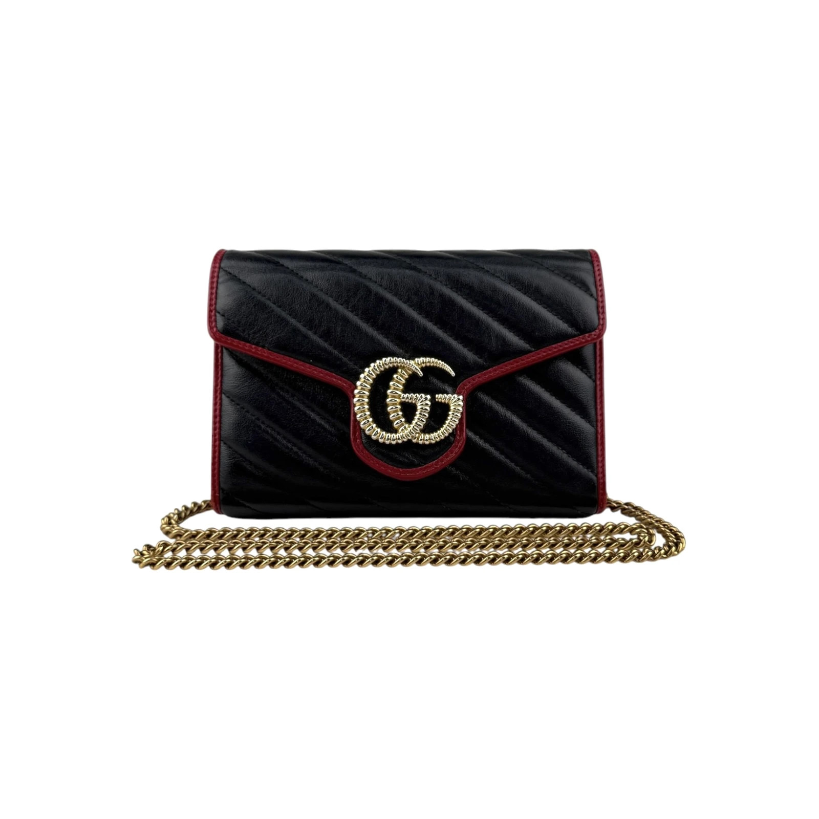 Gucci Black/Red Diagonal Quilt Leather GG Marmont Torchon Wallet on Chain