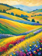 Impressionistic Landscape Wind-Swept Rolling Hills Canvas Wall Art Picture