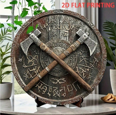Ancient Viking Battle Shield & Axe Wall Art Decor - 8'' Round Iron Plaque, Heavy 