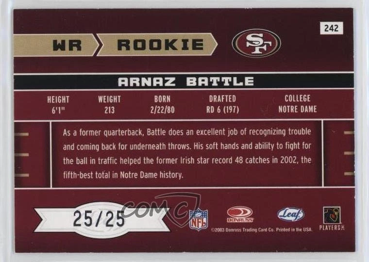 2003 Leaf Rookies & Stars Rookie Longevity /25 Arnaz Battle #242 RC - Image 2 of 2