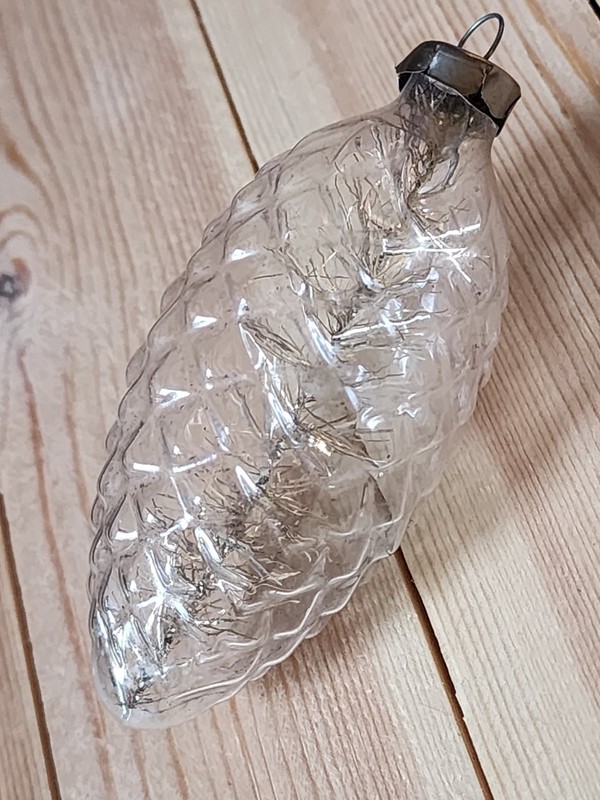 Vintage Pinecone Unsilvered w/Tinsel Glass Ornament Made in US of A  4"