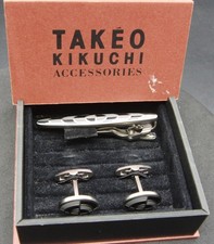 Set of 2 Takeo Kikuchi Silver Tone Cufflinks & Tie Clip/Bar T&C172