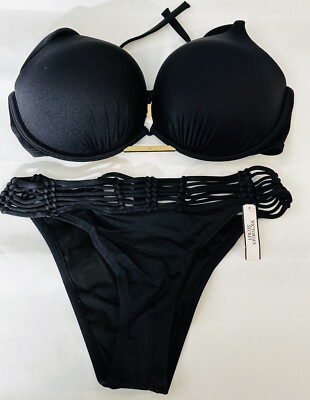 NWT Victoria's Secret Bikini~Black Bombshell +2Cups~Macrame Banded Itsy~36D/L
