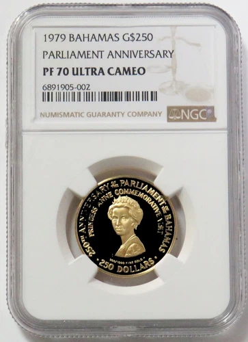 1979 GOLD BAHAMAS $250 PRINCESS ANNE COIN NGC PROOF 70 UC ONLY 1,835 MINTED