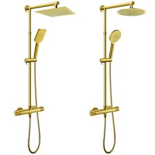 Brushed Gold Thermostatic Mixer Shower Set Twin Heads Exposed Slide Bar 8-12"
