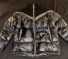 Ladies L Chest 48" 122cm Centigrade Black Puffa Vintage Jacket Leopard Trim