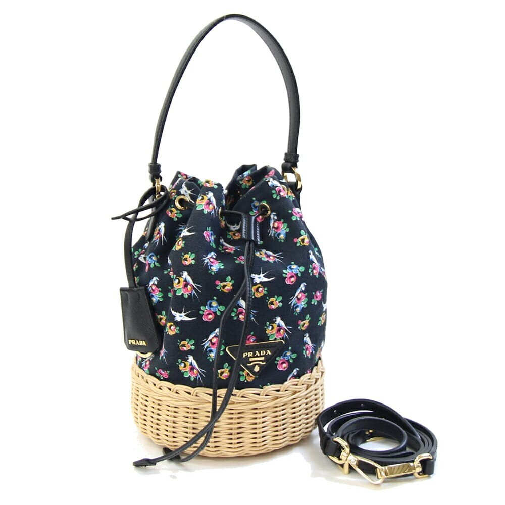 Prada 2-Way Canvas Rattan Shoulder Bag 1BE040 Black Natural Auth