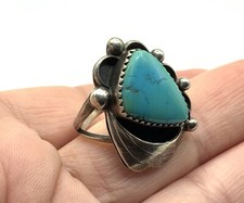 Navajo Artisan Signed H Sterling Silver Turquoise Tribal Band Ring  Sz. 7