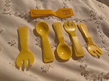 6 Vintage Fisher Price Yellow Utensils Fork, Spoon, Spatula