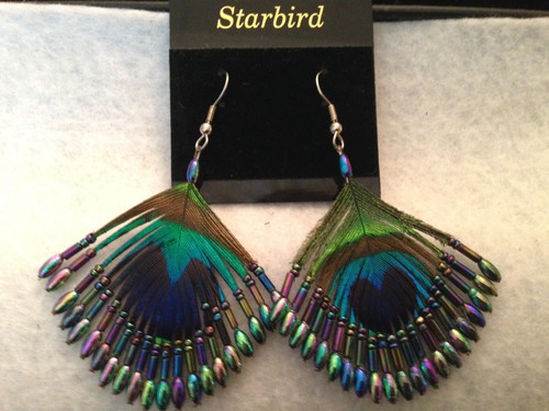 PEACOCK FEATHER AURORA BOREALIS  BEADED EARRINGS 80's VINTAGE - Picture 6 of 15