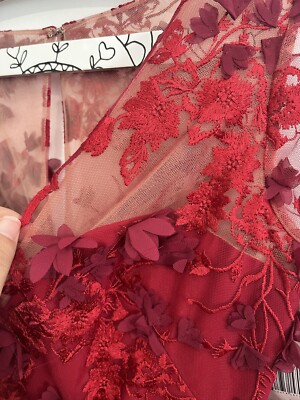Marchesa Notte 3D Appliqu Flowers Cocktail Midi Dress In Burgundy Red Sz 2  $795 | eBay