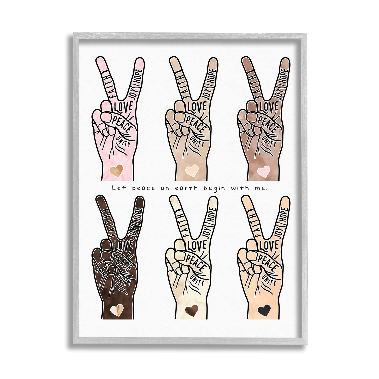 Peace Begin with Me Phrase Diversity Hand Signs Grey Framed Wall Art, 24 x 30...
