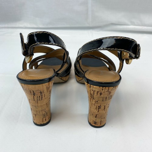 TAHARI Shoes Women's 6.5 Black Patent Leather 4" Chunky Cork Heel Strappy Heels - Picture 7 of 11