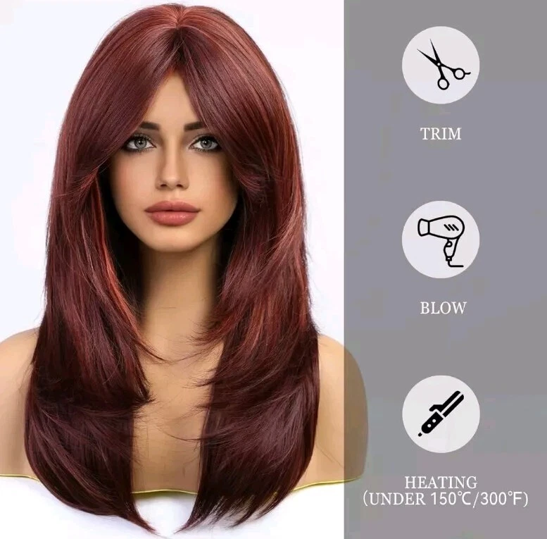 US 24 pulgadas Cosplay Peluca con flequillo Mujeres Cabello Sintético Moda Uso Diario Vino Tinto Foto 2 de 4