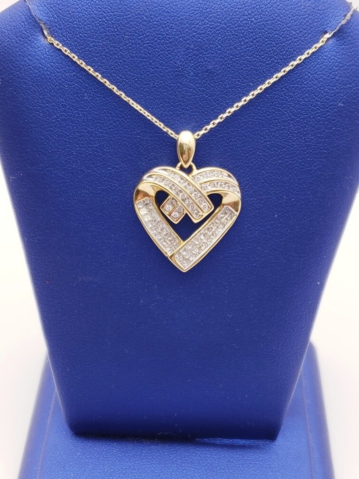 Diamond heart shape pendant, invisible princess cut 14kt yellow gold ...