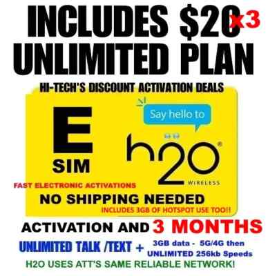 H2O ESIM   with 3 MONTHS - $60 VALUE!    UNLIMITED !!   3GB month at 4G/5G
