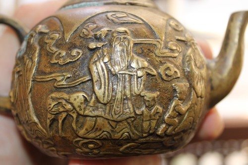 Antique Chinese Brass Metal Tea Pot Scholar Marked Taoist Scholar Scenes - Picture 14 of 19