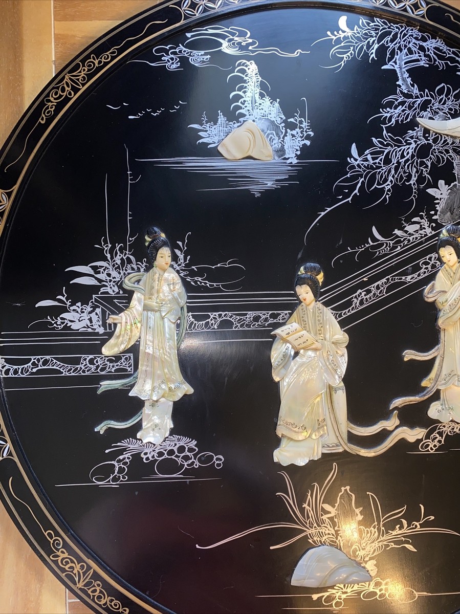 30” Vintage Chinese Wall Art Round Black Lacquer Mother of Pearl