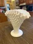 Vintage Fenton White Hobnail Milk Glass Fan Vase with Ruffle Edge 5.75”
